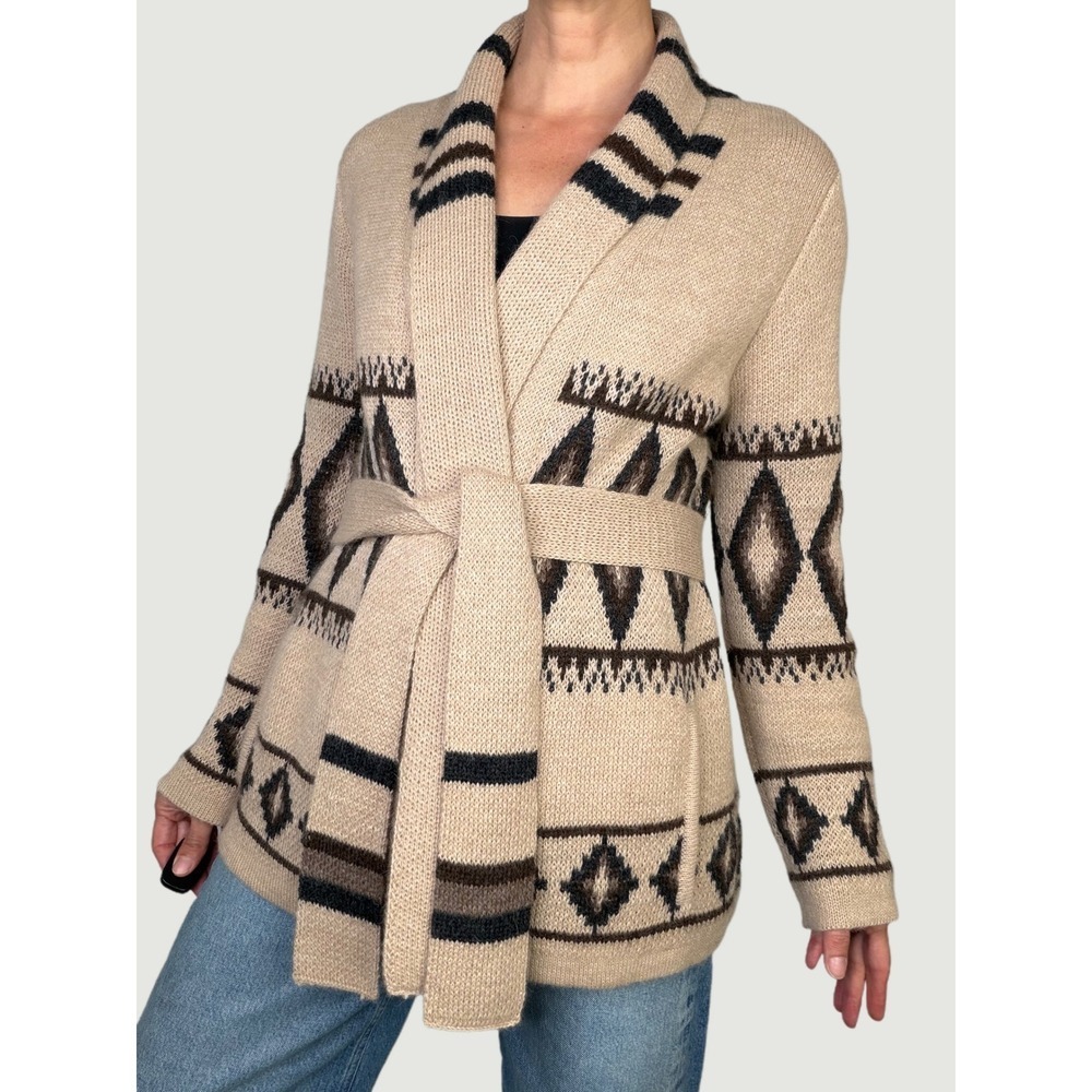 Overland Sylvia Cardigan Sweater Tan Alpaca Belted Tribal Shawl Collar Wool M